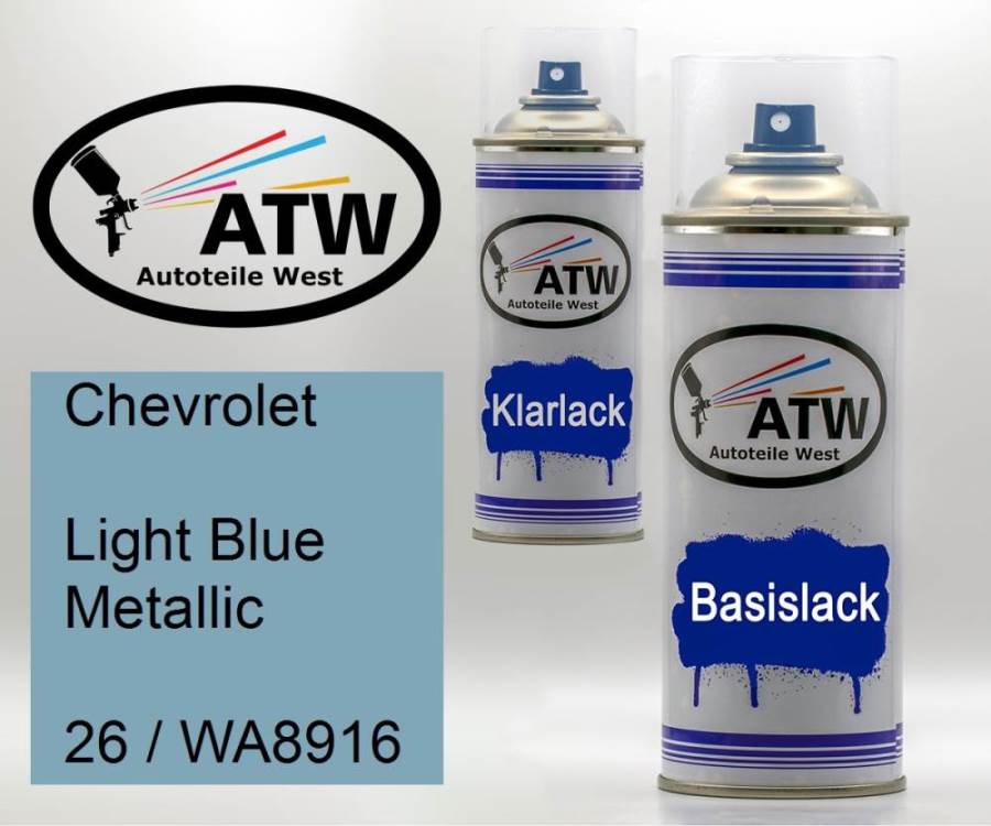 Chevrolet, Light Blue Metallic, 26 / WA8916: 400ml Sprühdose + 400ml Klarlack - Set, von ATW Autoteile West.